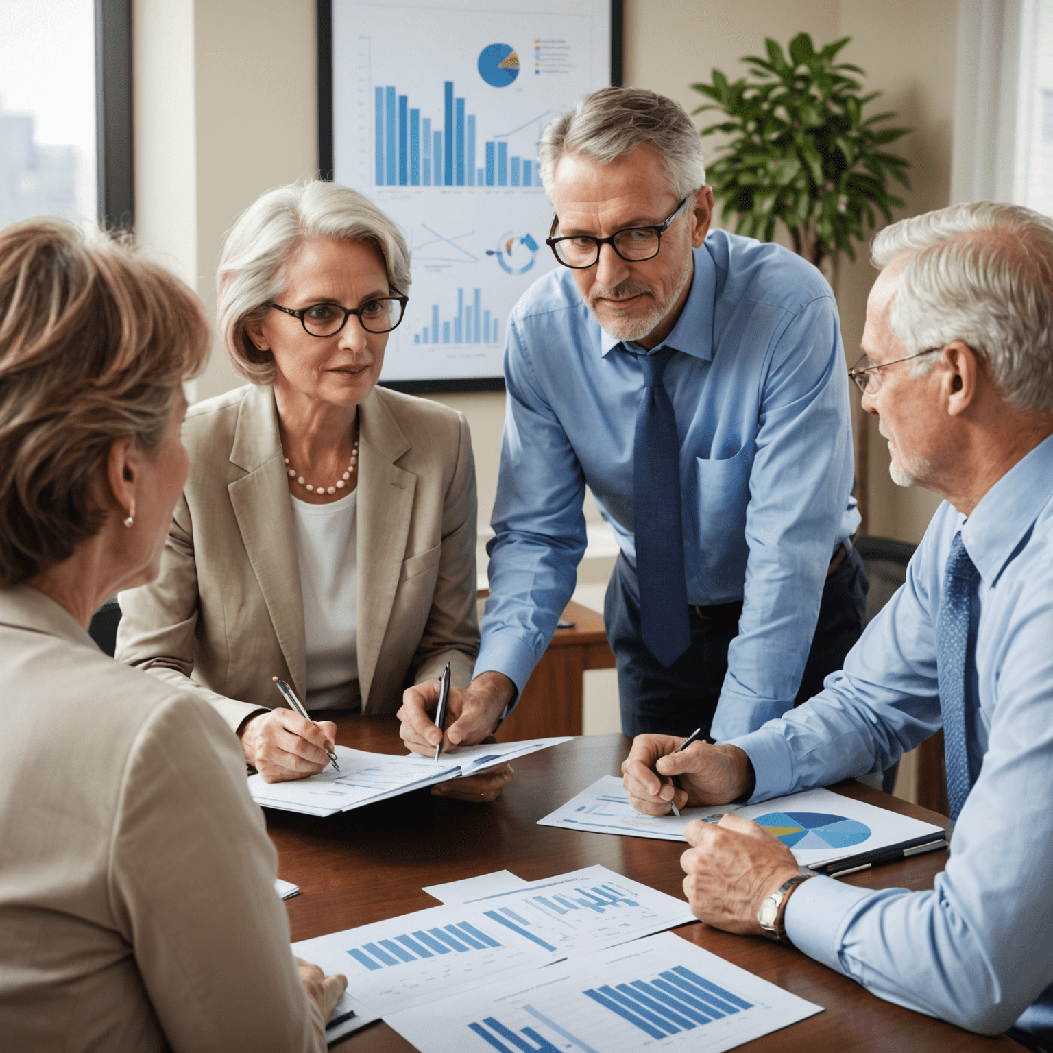 A group of professional financial advisors discussing retirement planning strategies with clients, with charts and graphs in the background