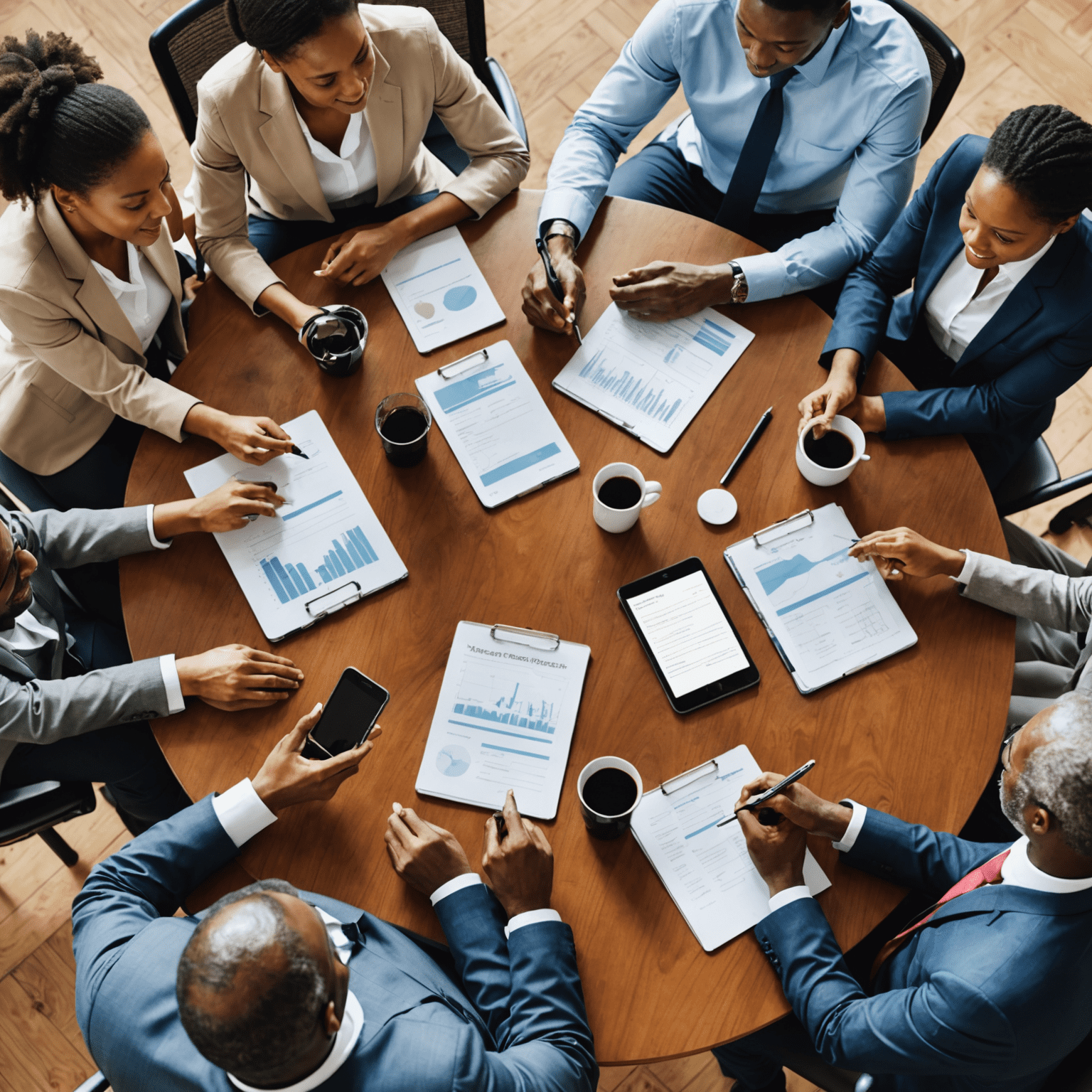 A group of business professionals gathered around a table, discussing a strategic plan for their company's future growth and success in the South African market.