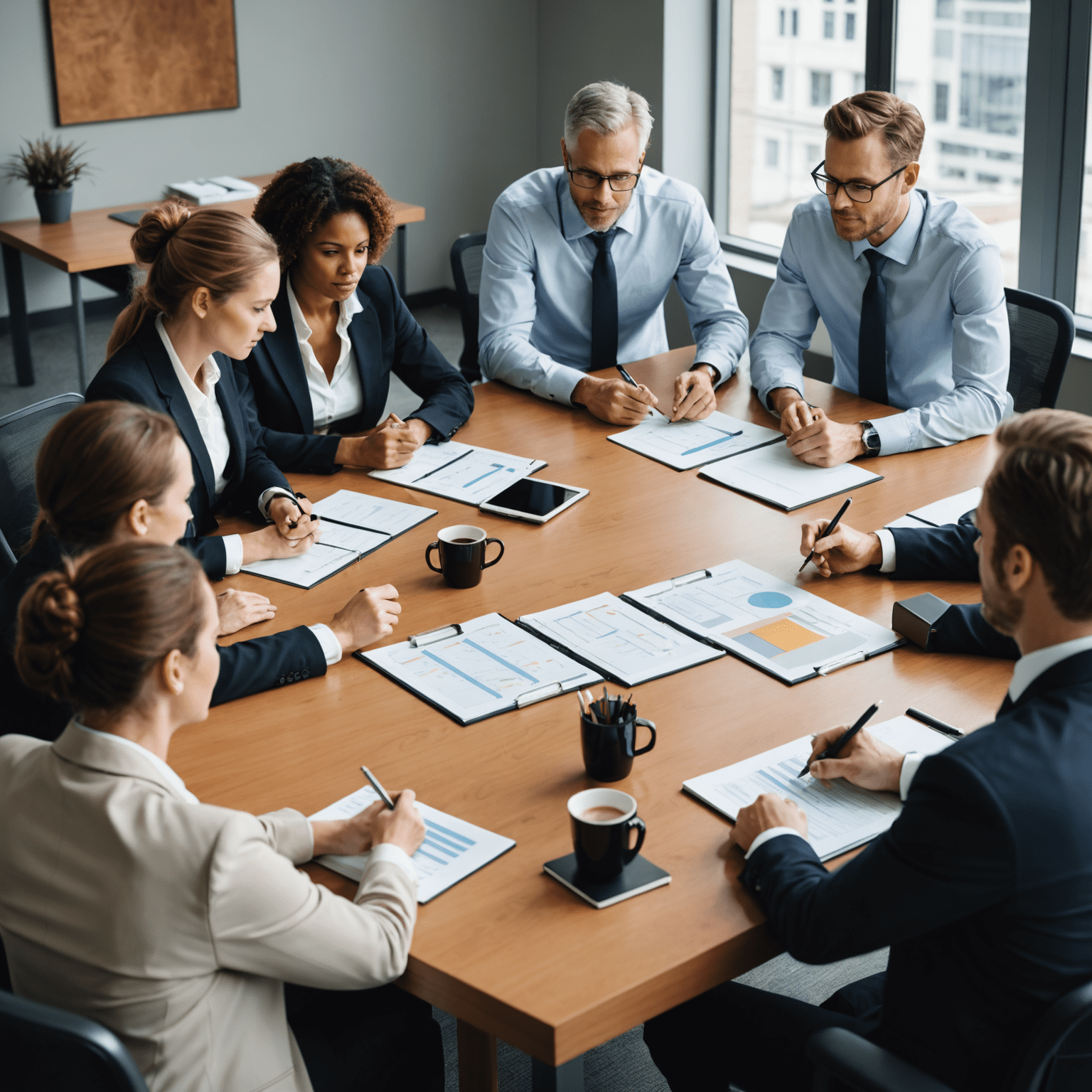 Business team discussing strategic planning around a conference table