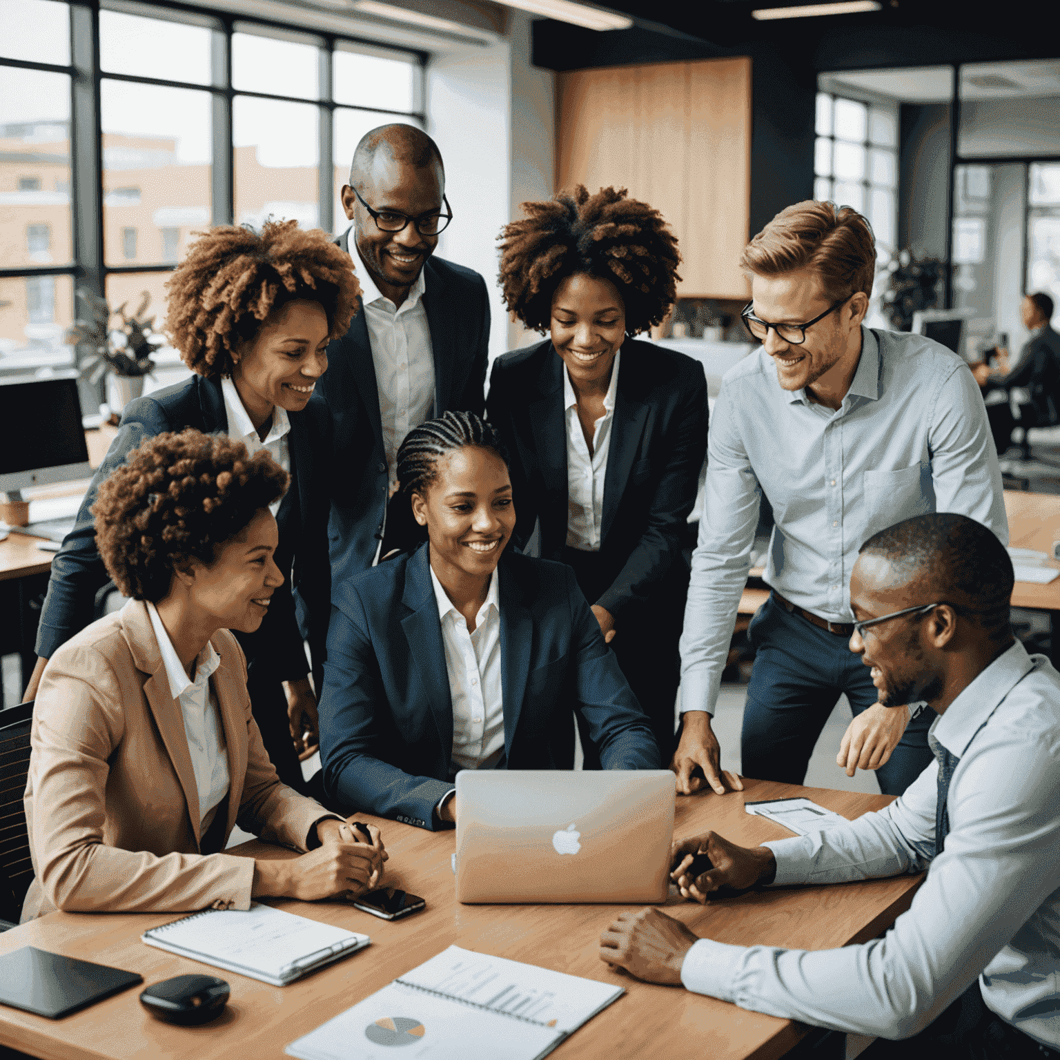 Diverse team of South African professionals collaborating in an office setting, representing various ethnicities, genders, and ages.