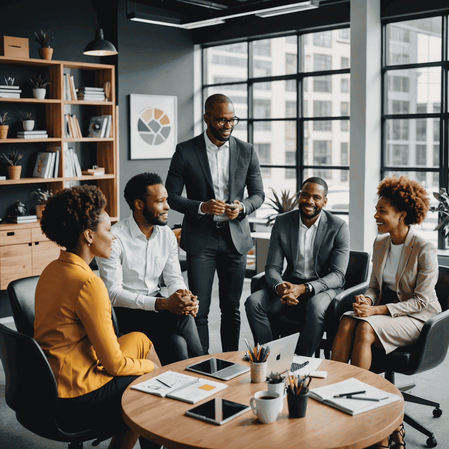 A diverse group of aspiring South African entrepreneurs discussing business ideas and strategies in a modern office setting