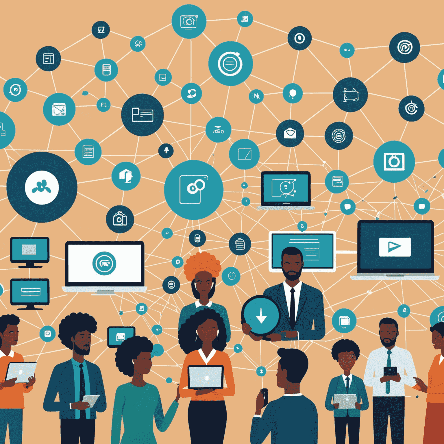 Illustration of digital transformation in South African businesses, showing a network of connected devices and people