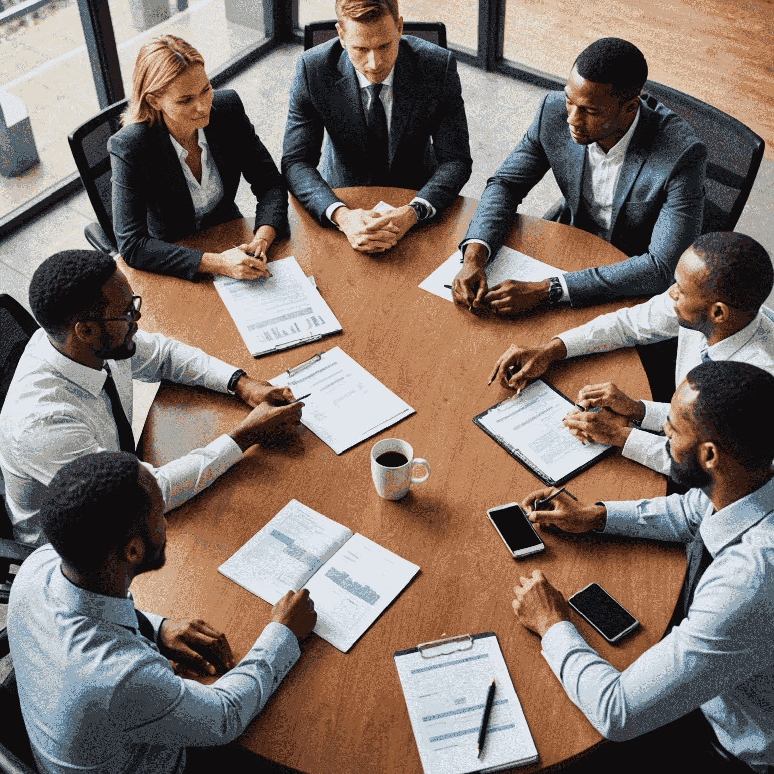 A group of business professionals gathered around a conference table, discussing strategic plans and goals for their South African company.