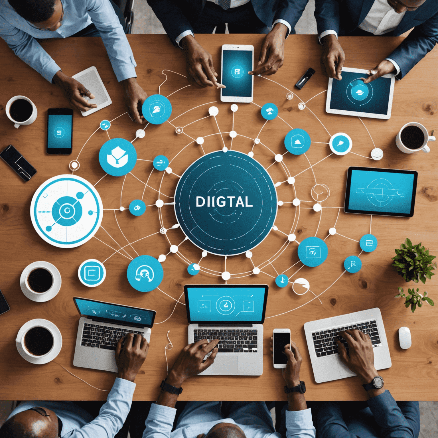 A visual representation of digital transformation, with various technologies and devices connected, illustrating the importance of adapting to the digital age for South African businesses.